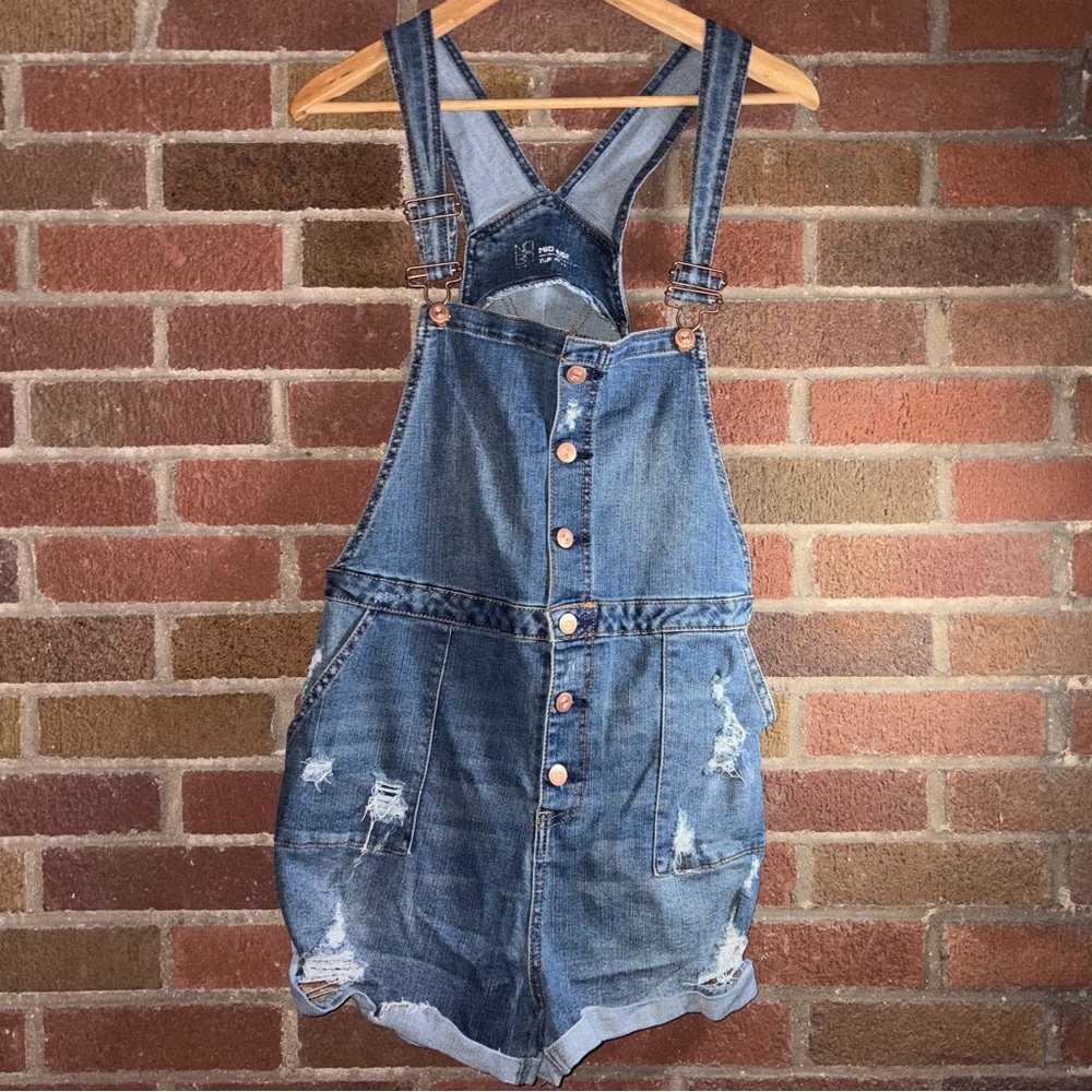 Size XL (Juniors) - No Boundaries Mid Rise Distressed Button Up Shortall Overall